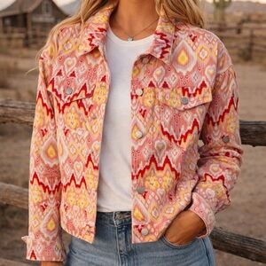 Savanna Jane Pink/Yellow Corduroy Ikat Print Western Boho Shacket NWT Size Large